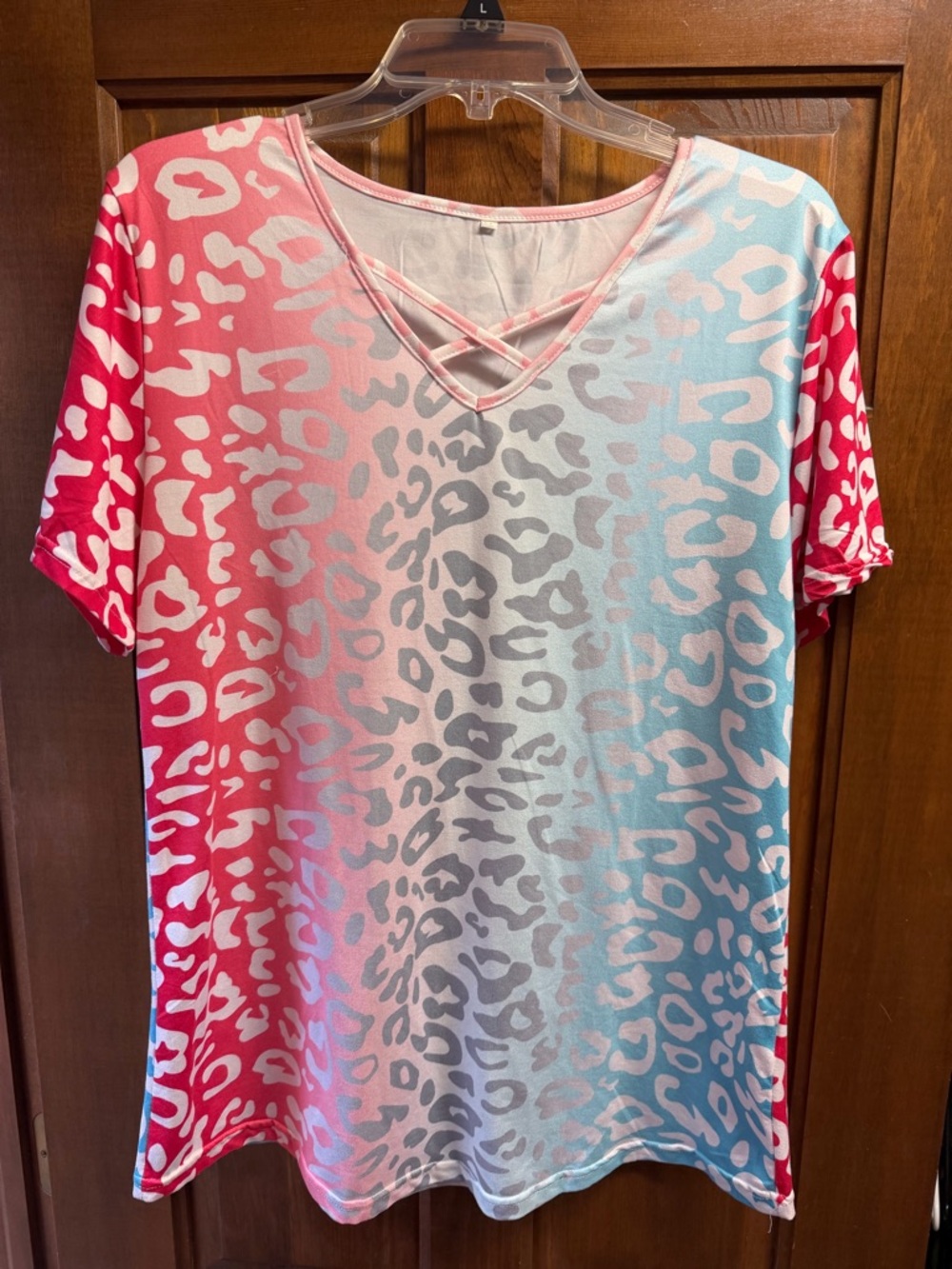 Red to Blue Leopard Print Crisscross V-Neck Top